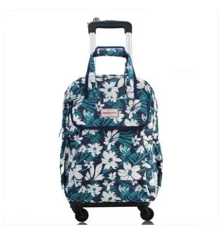 sac dos oxford université motif floral roses rouges fond bleu nuit toupie roulettes transport voyage femmes