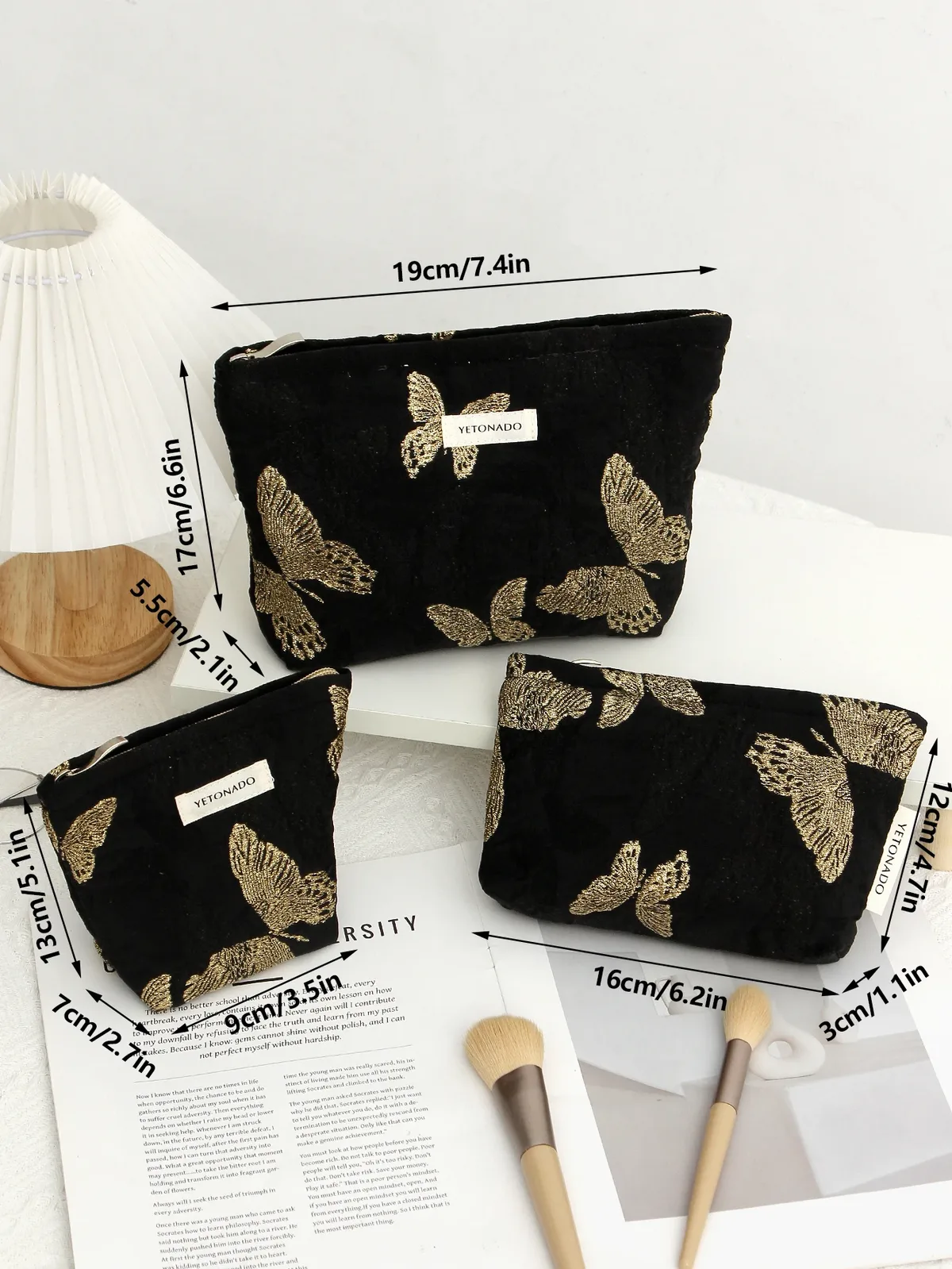 trousse polyester noire papillons dorés motifs voyage cosmétiques maquillage grande capacité multifonctionnelle s m xl