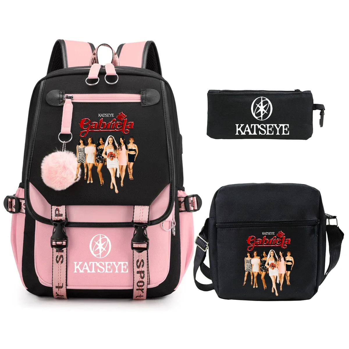 sac dos toile noire bandes violettes accents roses logo katseye dessin animé trousse petit sac bandoulière usage étudiante adolescente voyage école