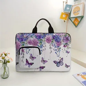 Sac à main pour ordinateur portable à motif floral de papillons violets et d'hortensias, étui antichoc pour ordinateur portable avec poche avant pour les voyages et le bureau.