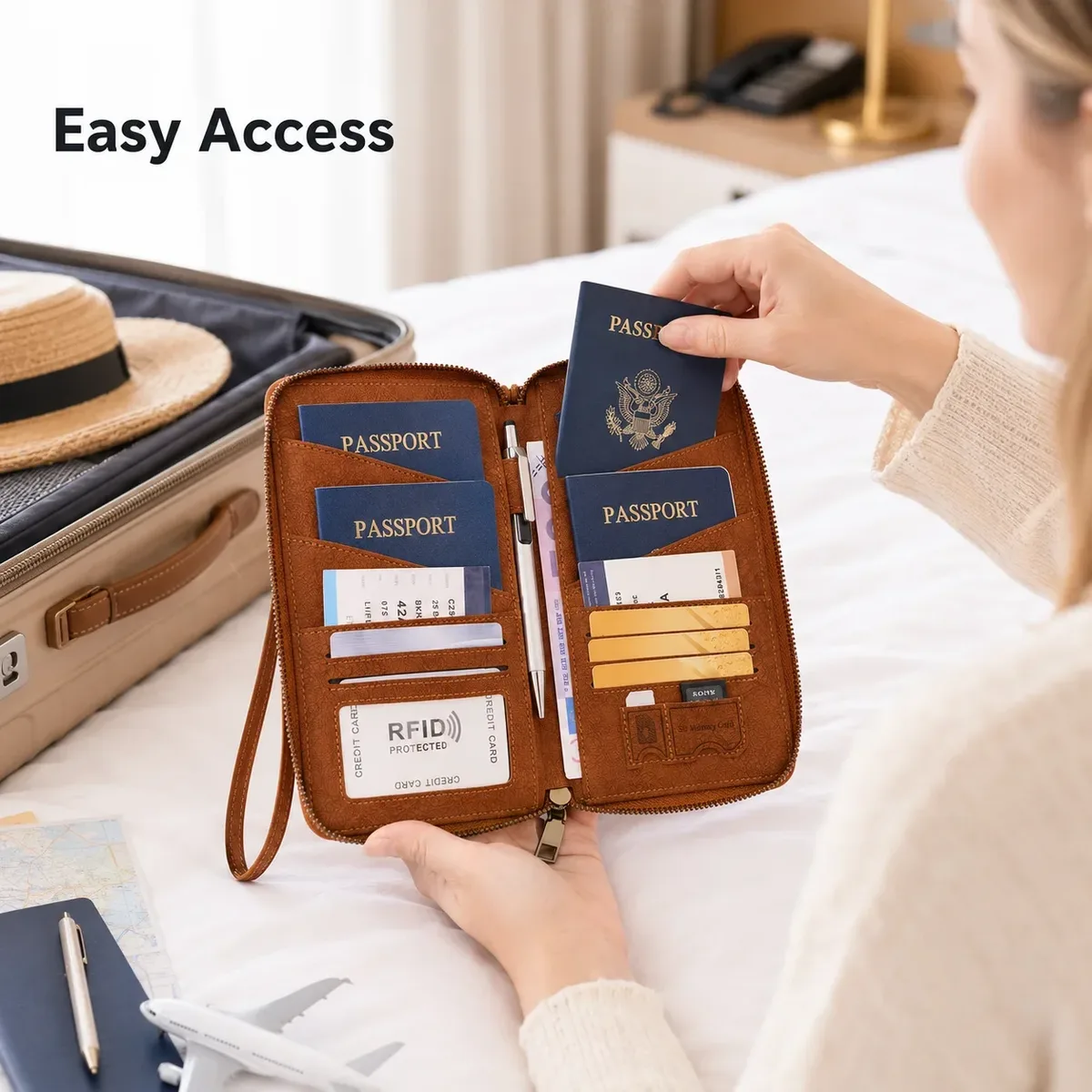 portefeuille de voyage anti-rfid grande capacité en cuir pu, organiseur de documents avec fermeture éclair pour passeport, billets, cartes et stylo
