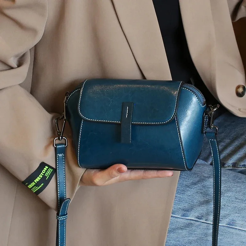 petit sac à bandoulière en cuir véritable de vache ciré à l'huile pour femme, sac à coque polyvalent à la mode, sac décontracté pour téléphone portable