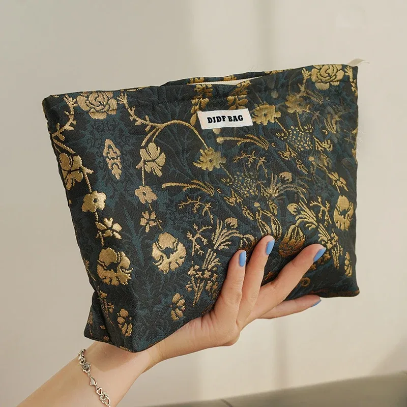 trousse de maquillage pour femmes, imprimé noble, fleurs dorées, grande capacité, rouge à lèvres, coussin d'air, sac de rangement, trousse de toilette de voyage portable