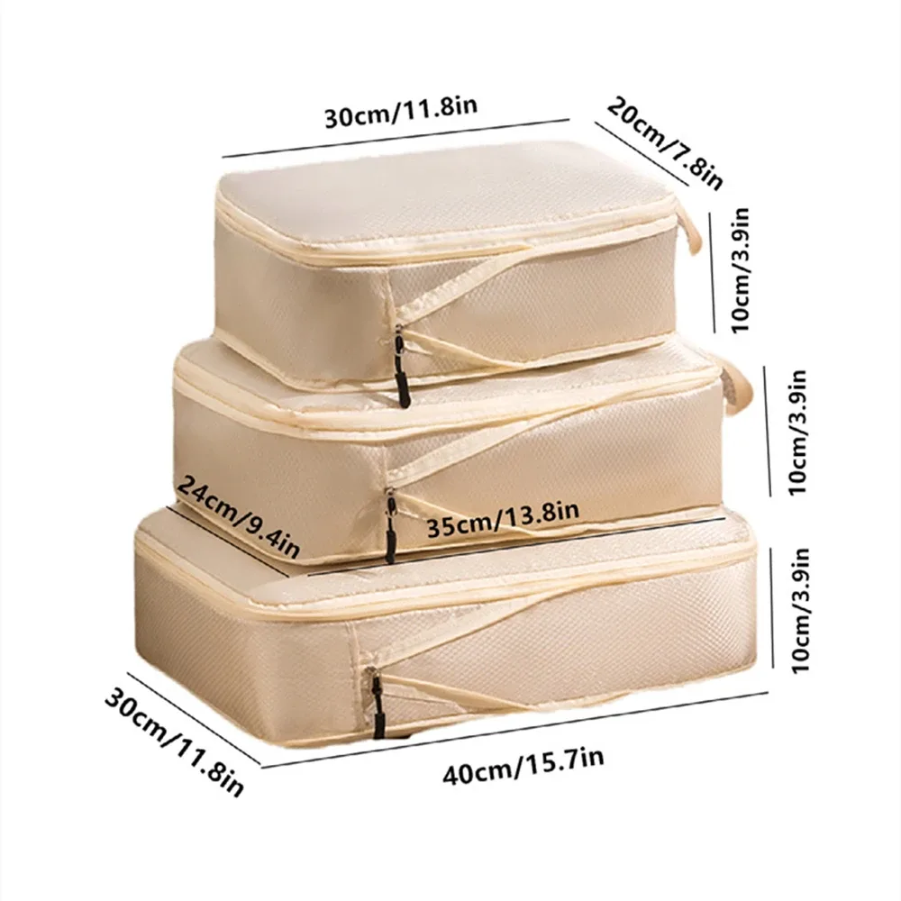 organisateur voyage nylon noir beige compressible cube sac rangement format rectangulaire zips noirs usage voyage empilement sol clair