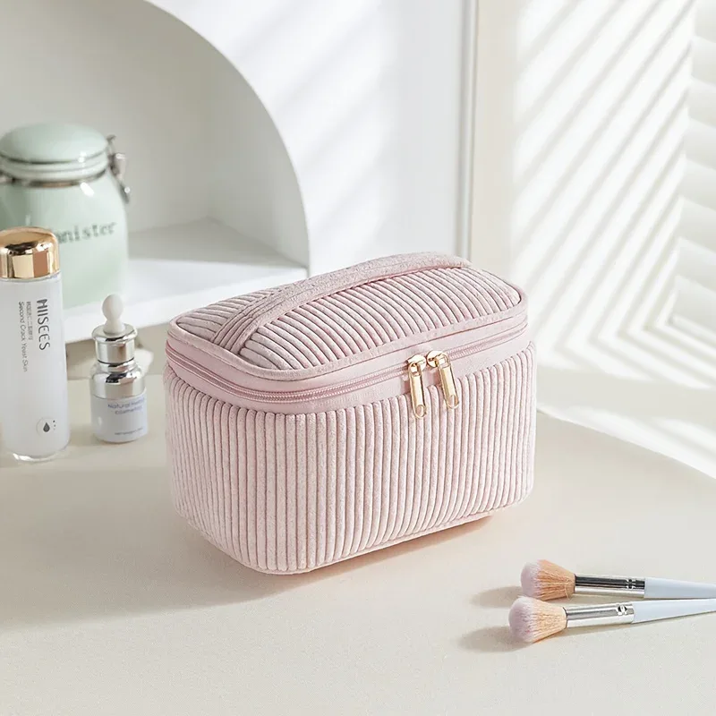 trousse de maquillage en velours côtelé, grande capacité, trousse de toilette de voyage, broderie personnalisée avec nom, sac de toilette pour femmes, organisateur portable