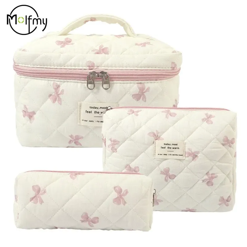 3 pièces sac de maquillage nœud papillon matelassé femmes sacs à cosmétiques Portable fermeture éclair maquillage organisateur de voyage sac à main de rangement pochette de toilette 2025