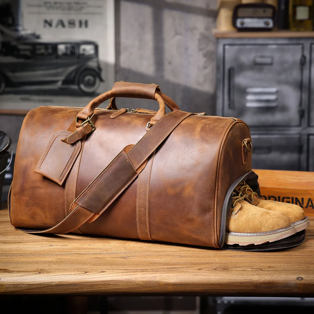 sac de voyage vintage en cuir pleine fleur pour homme s.worker, sac de week-end artisanal