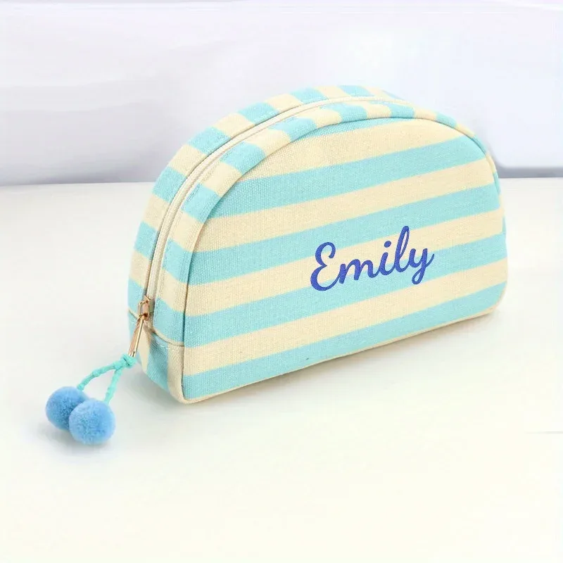 pochette de maquillage rayée brodée sur mesure, nom personnalisé, organiseur de toilette de voyage coloré, essentiels pour demoiselles d'honneur, pochette pour les vacances