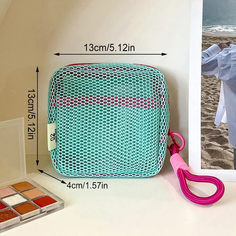 sac de rangement cosmétique carré portable avec fermeture éclair, sac cosmétique carré en maille, sac de rangement multi-usages pour articles divers