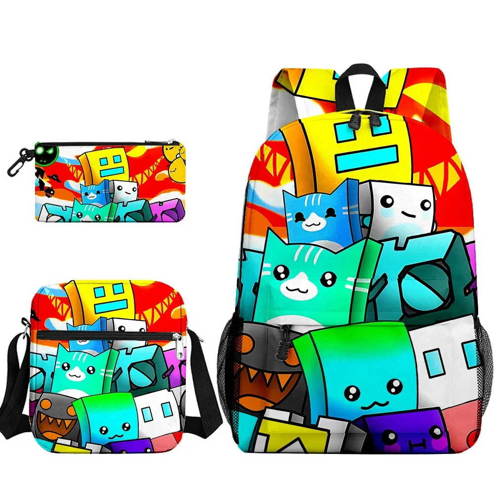 populaire cool geometry dash 3d imprimé 3 pièces/ensemble sacs d'école pour élèves sac à dos pour ordinateur portable sac à dos sac à bandoulière incliné trousse à crayons