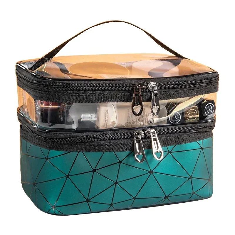 sac à cosmétiques double couche, grande capacité, portable, étanche, sac de maquillage, rangement transparent, trousse de toilette, bx19