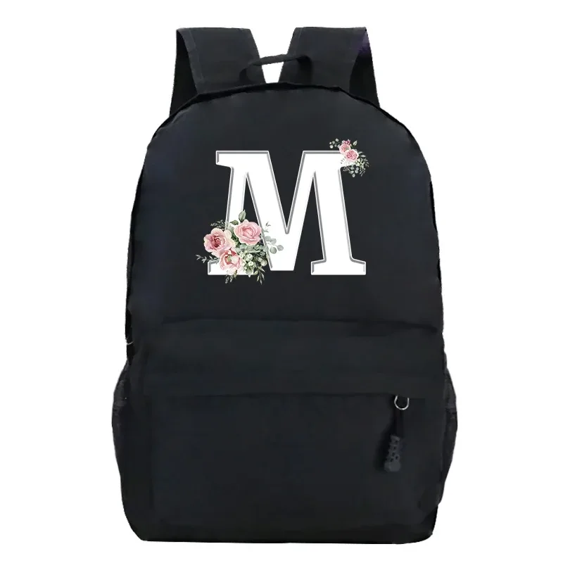 étudiant dames rose floral alphabet blanc impression sac à dos femmes fleur harajuku cartables femme rose lettre sac à bandoulière