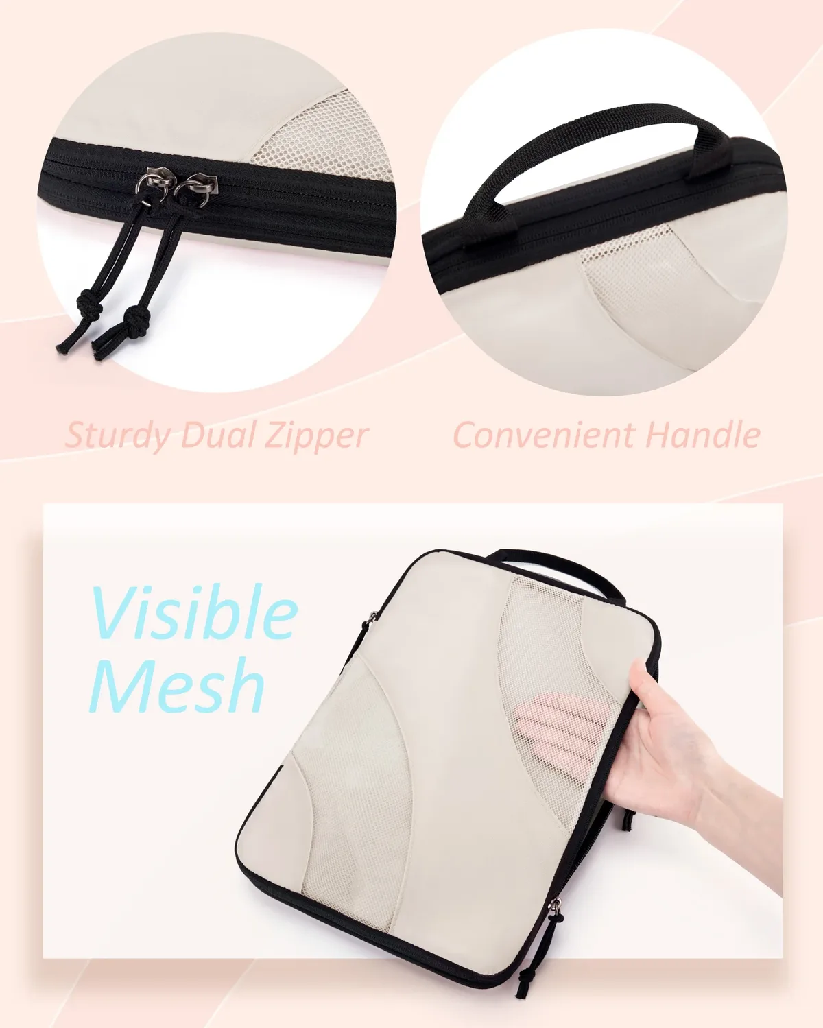 organisateur voyage polyester beige lignes ondulées cube sac chaussures pliable set six pièces compression transport