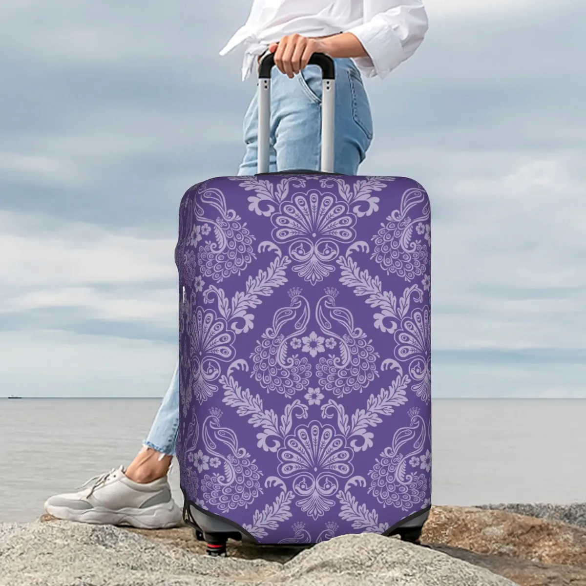 housse de protection pour bagages, motif paon amusant, violet clair sur violet, housse de valise de voyage élastique à motif animal