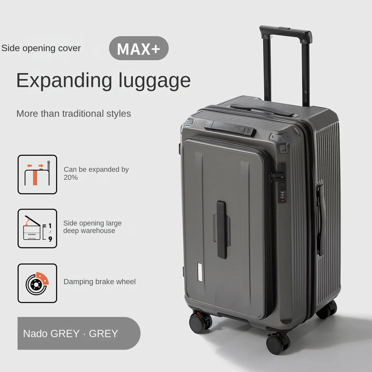 valise de voyage à ouverture latérale, 20 pouces, extensible, 20%, 24-28 pouces, grande capacité, valise de voyage, serrure à combinaison, boîtier de chariot