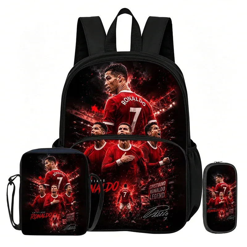 ensemble de 3 sacs à dos avec poche avant ronaldo learn, sacs à bandoulière pour voyage et fans de football, trousse à crayons, sacs d'école et de sport