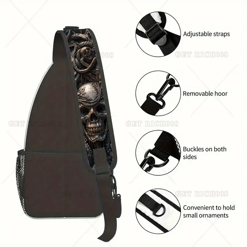 sac à bandoulière gothique punk imprimé crâne – sangle réglable, bandoulière légère pour les voyages et les sports de plein air, design sombre unique