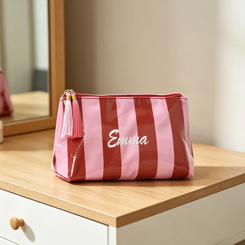 broderie personnalisée/2 options de style standard, pochette rayée, trousse de maquillage à fermeture éclair avec pompon délicat, saison rentrée scolaire, cadeau