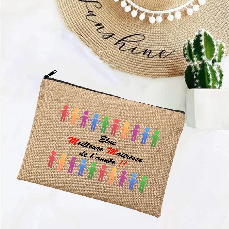 cadeau maitresse école cadeau maitresse trousse de maquillage sacs de maquillage en lin merci professeur impression française simple bracelet pochette plage papeterie stockage voyage organisateur étui cadeaux