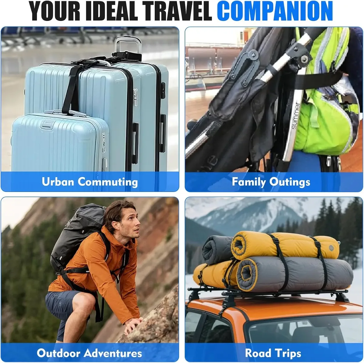 ceinture bagages polyester nylon noire fixation voyage sangles boucles sécurité transport valises sac main plein air
