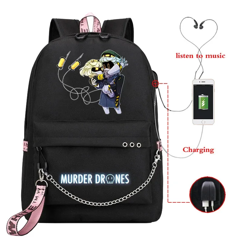 sac dos toile dessin animé personnages colorés logo murder drones chaîne métallique câble usb voyage capacité 20 35 litres