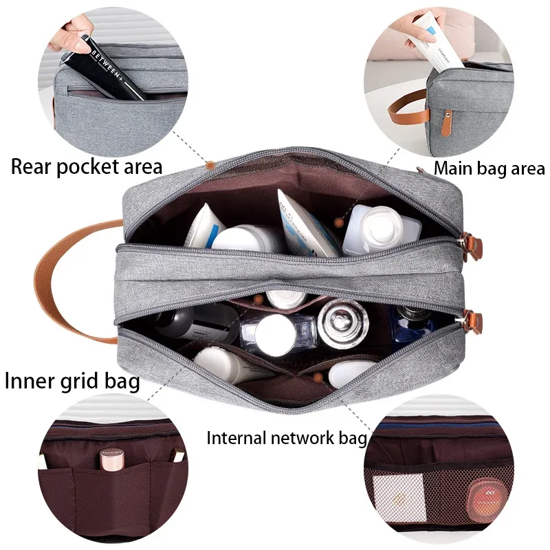 trousse de maquillage en tissu oxford de grande capacité, sac de rangement d'articles de toilette de voyage portable à double couche, utilisée pour les voyages d'affaires et les voyages