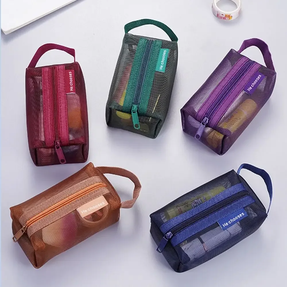 sac de maquillage en maille de couleur rétro, sac de rangement à fermeture éclair, sac cosmétique transparent, trousse de toilette, sac de rangement de grande capacité pour femme