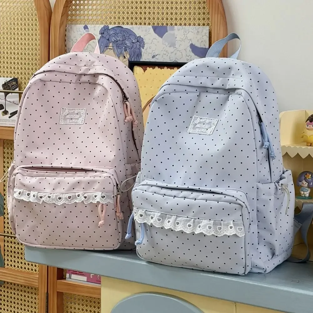 sac à dos y2k à pois, style minimaliste, grande capacité, avec dentelle, léger, design nœud, idéal pour étudiants, cadeau