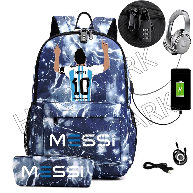 messi-sac à dos étanche avec chargeur usb, sac à dos de voyage décontracté, grande capacité, sacs d'école pour ordinateur portable, hommes et femmes