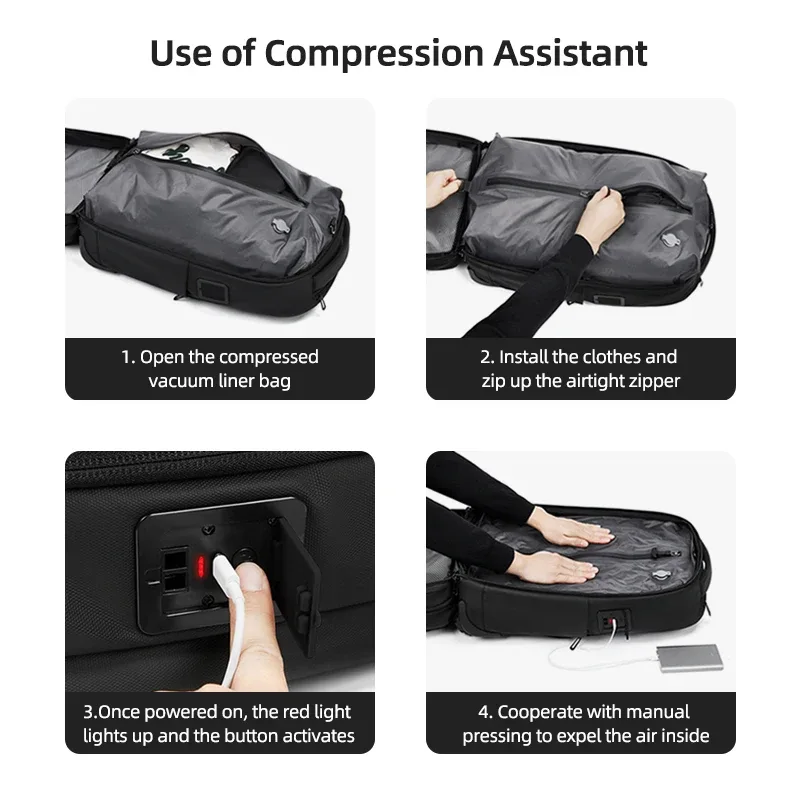 sac à dos de voyage à roulettes avec pompe de compression sous vide pour homme, sac à dos à roulettes, bagages à roulettes pour l'embarquement.