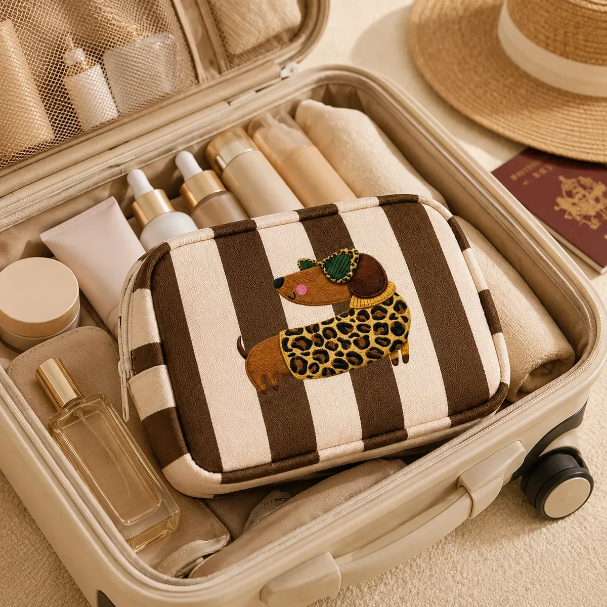 trousse de maquillage marron à rayures teckel grande capacité organisateur de toilette pour femmes voyage essentiels beauté quotidienne