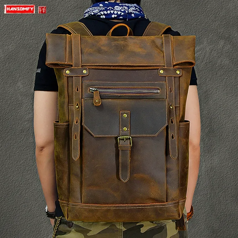 sac dos cuir vache marron bandoulière arquée pochette ordinateur capacité grande voyage retour style vieux