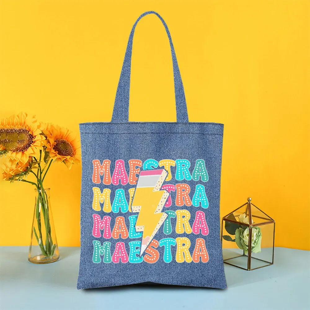 sac fourre-tout en denim peint pour enseignant arc-en-ciel, sacs de shopping pour femmes, sacs à main de voyage, fourre-tout pour la journée des enseignants, cadeaux de remerciement pour les enseignants