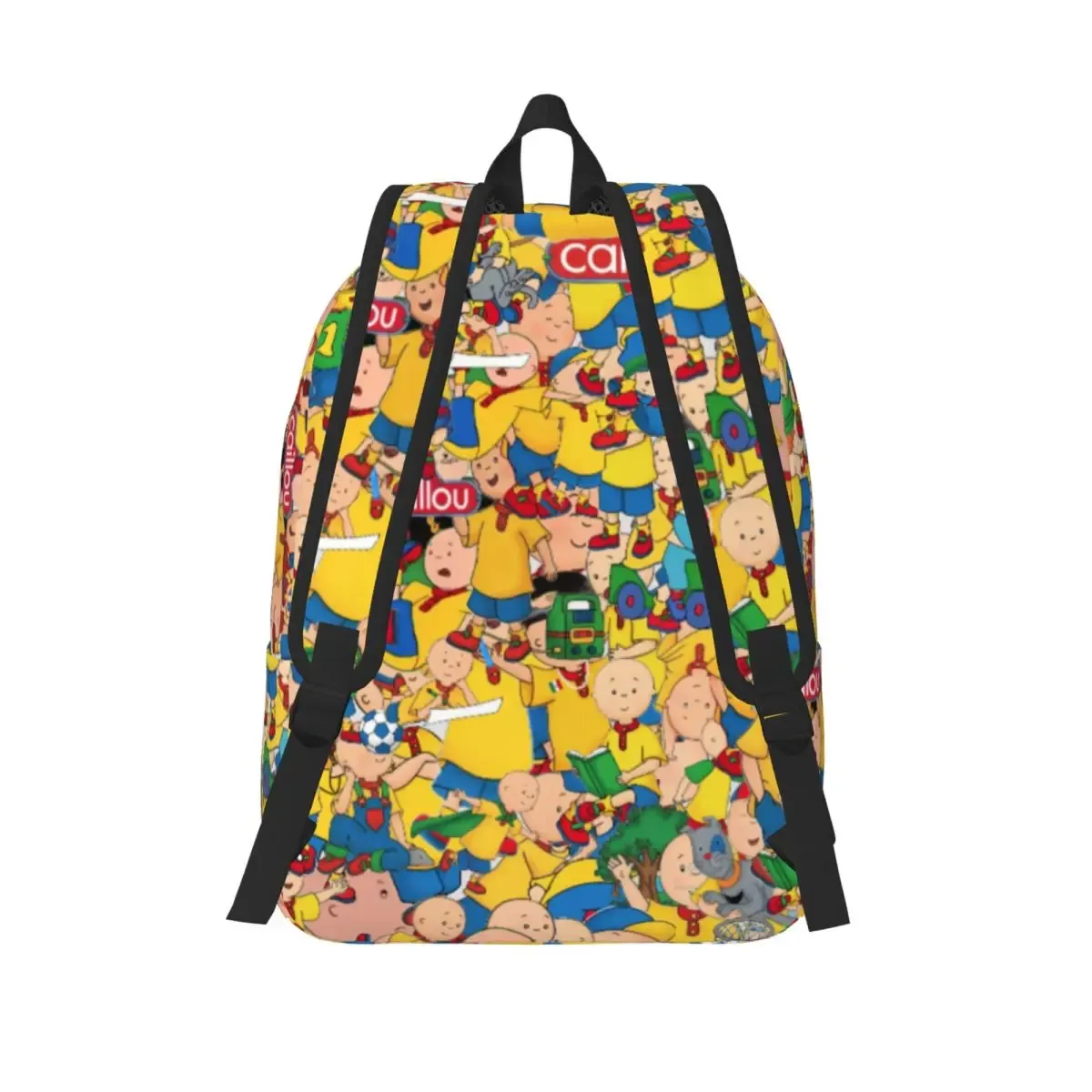 sac dos toile personnages animés jaune rouge bleu beige forme rectangulaire poignée noire travail ecole universite voyage famille