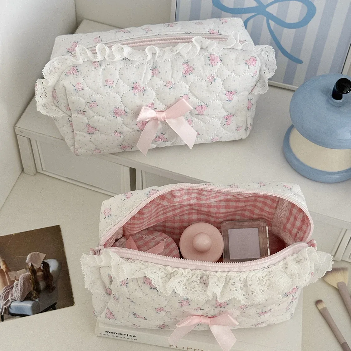 petite trousse de maquillage en dentelle à fleurs roses pour femmes, organisateur de voyage, pièces de monnaie cosmétiques, pochette pour filles, mignon nœud carré, sacs portefeuille à fermeture éclair