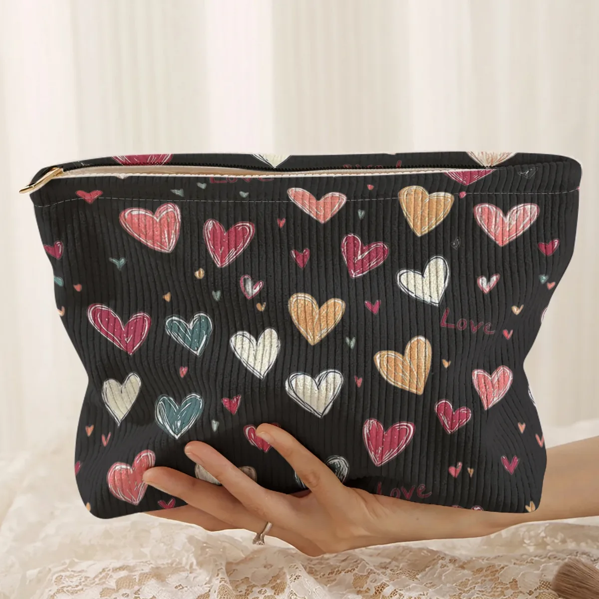 1 pièce, sac de rangement portable pour cosmétiques avec motif de cœur coloré, imprimé double face, sac de maquillage de voyage à fermeture éclair