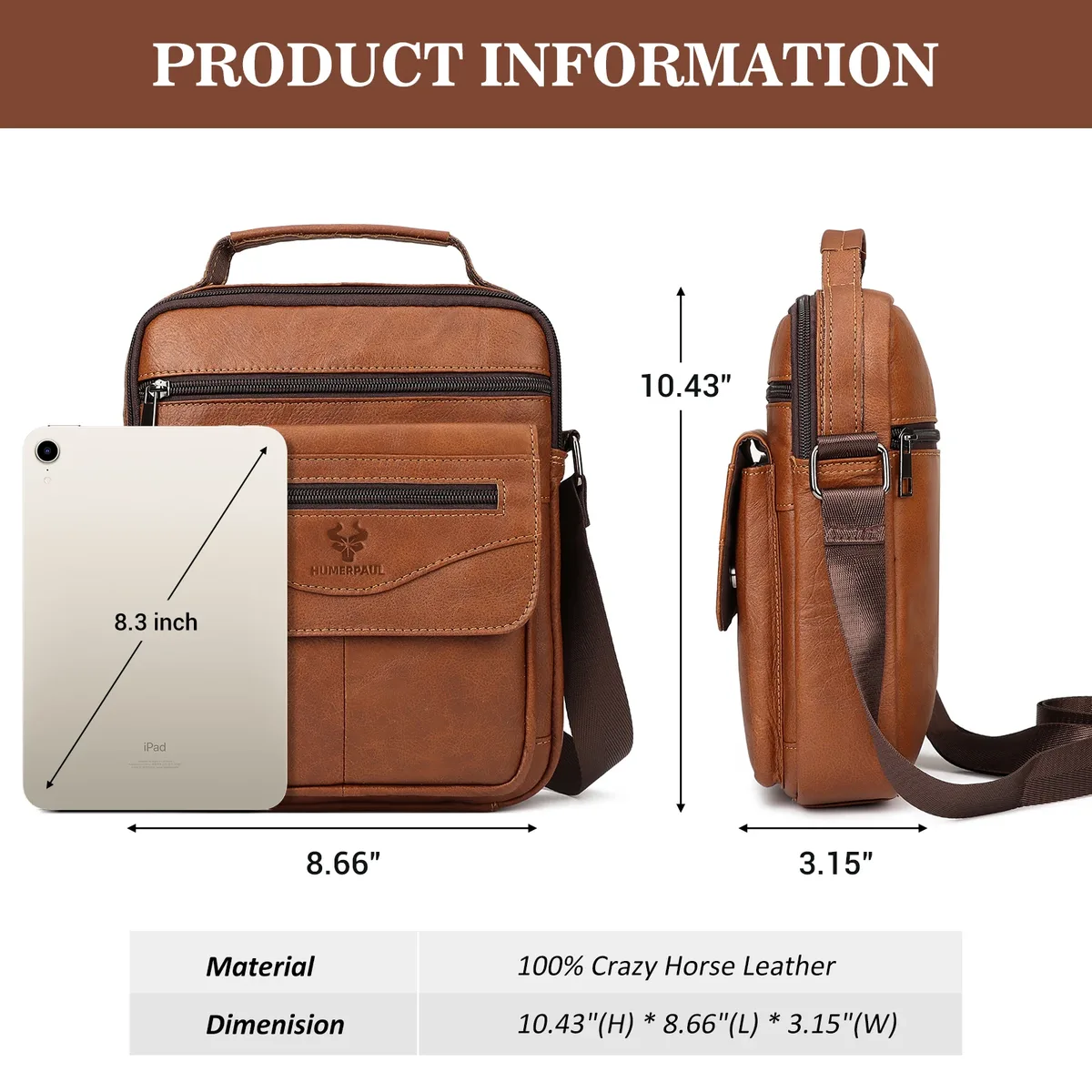 humerpaul – petit sac messager en cuir véritable pour hommes, sac à bandoulière de capacité, sac à main d'affaires pour le travail