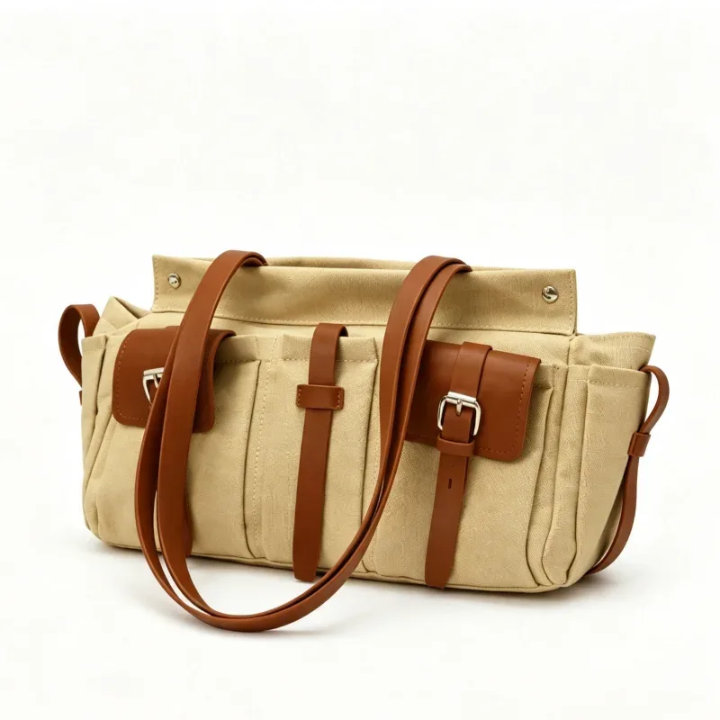 sac fourre-tout de luxe en toile et cuir multi-poches, sac à bandoulière vintage pour femme avec fermeture éclair, sac à main style motard, léger