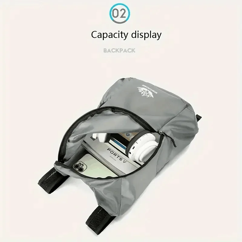 sac dos oxford université gris clair accents noirs motif montagne poche ouvrante pliable extensible capacité inférieure trente litres bandouliere confortable respirante