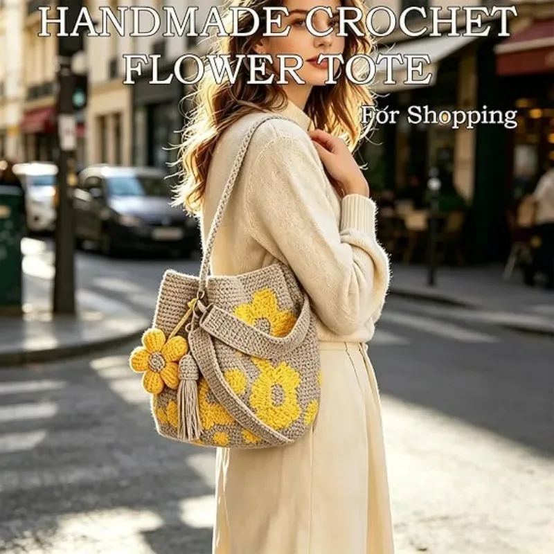 sac fourre-tout en crochet fait main avec fleurs, sac à main floral tricoté, sac de plage tissé style bohème