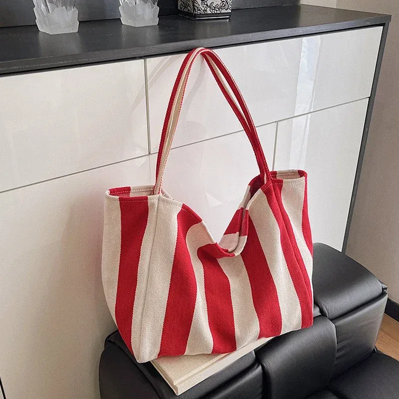 grande capacité style coréen rayure toile sac fourre-tout femme décontracté simple sacs à bandoulière shopping sac à main quotidien fourre-tout sac