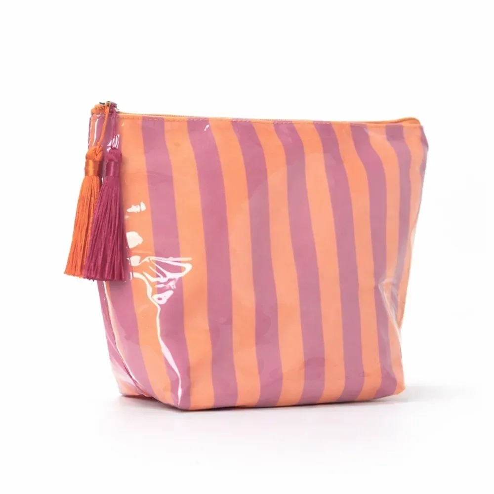 trousse de toilette de voyage portable à franges grande capacité design mignon sac cosmétique rayé en pvc fermeture éclair brillante pochette à pinceaux de maquillage