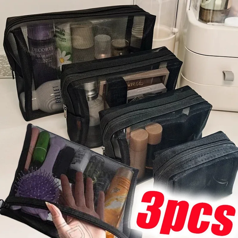 Sacs de maquillage noirs transparents en maille, trousse à cosmétiques, étuis à crayons, pocommuniste pour poudres, petite et grande taille, 3 tailles