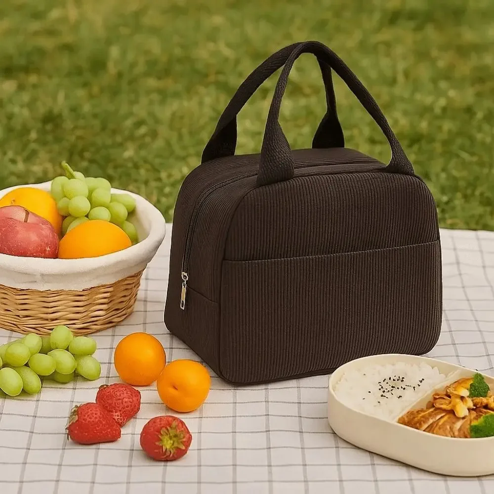 sac isotherme compact en velours côtelé, sac à déjeuner portable, sac de rangement grande capacité, sac à main minimaliste pour pique-nique