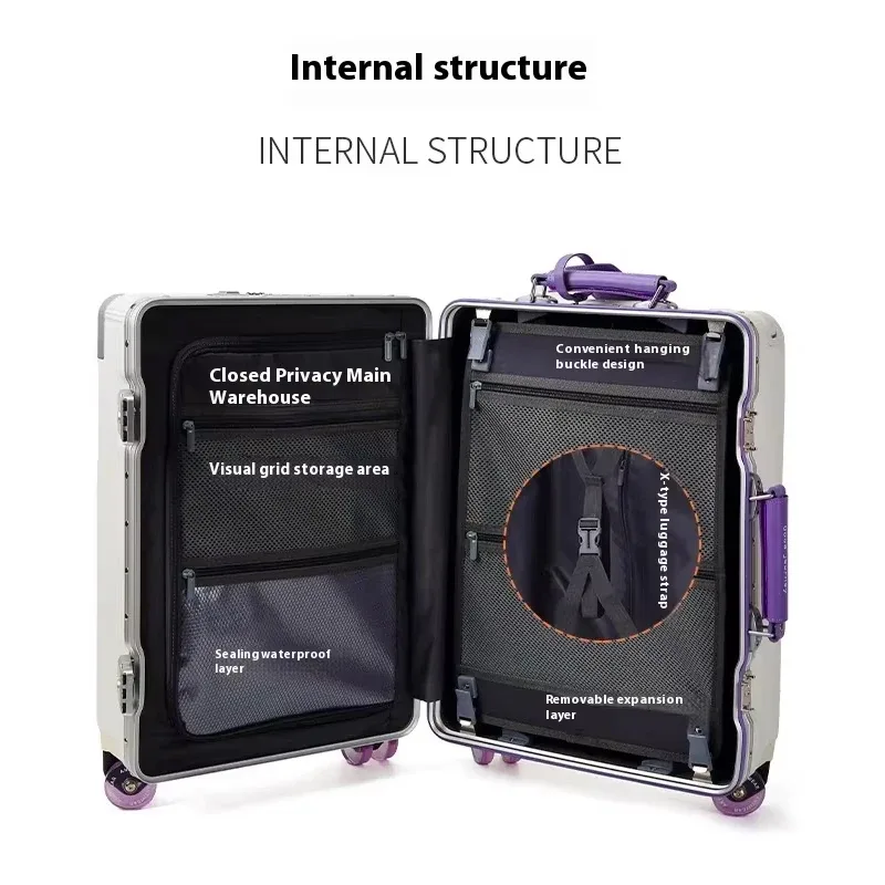 valise roulettes toupie poignée supérieure texture rugueuse couleur blanche accents violet doré usage voyage