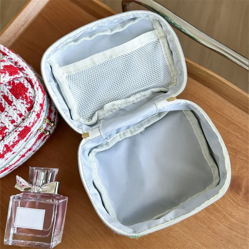 cadeau de noël, mini sac cosmétique en tweed mignon, petite bourse à monnaie, sac à rouge à lèvres, trousse de toilette, sac de voyage portable avec fermeture éclair, sac à main