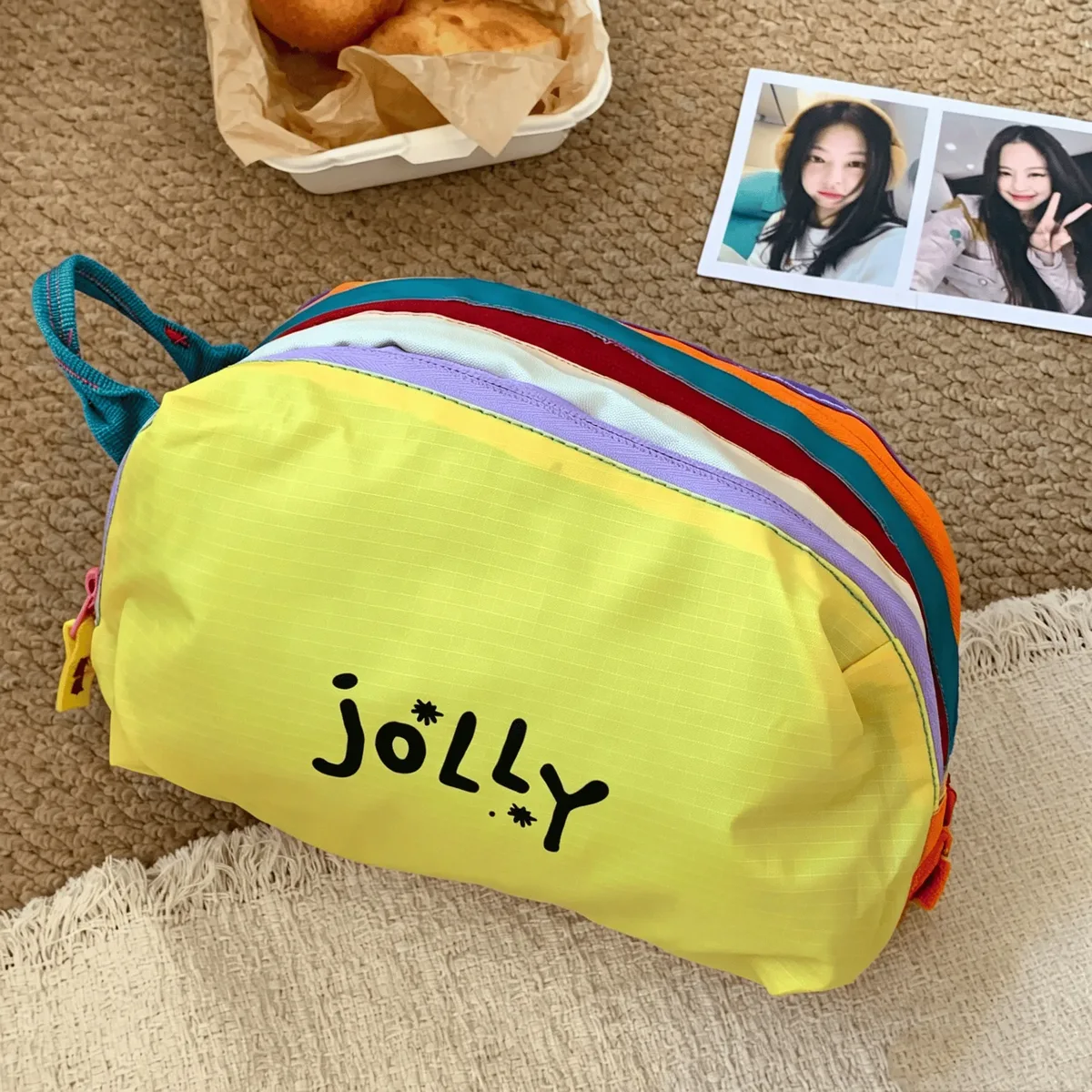 sac de maquillage en nylon avec imprimé lettres colorées dopamine, pochette cosmétique étanche, sac de rangement de voyage pour femmes et filles, pour usage quotidien en extérieur