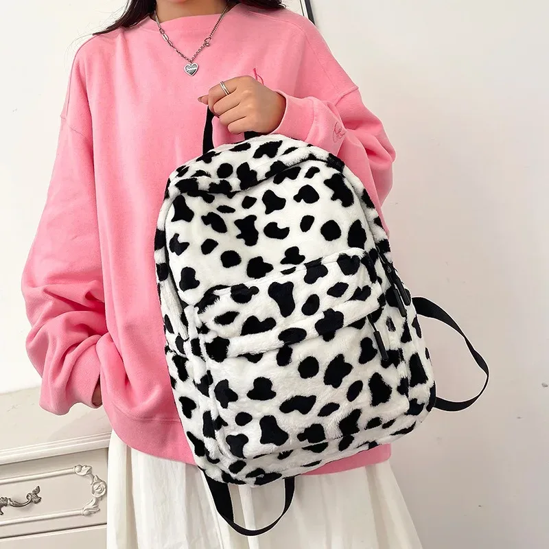 sac à dos léopard en peluche, sac d'école pour adolescents, grande capacité, mode étudiants, sac à dos élégant à bandoulière, voyage en plein air 2025