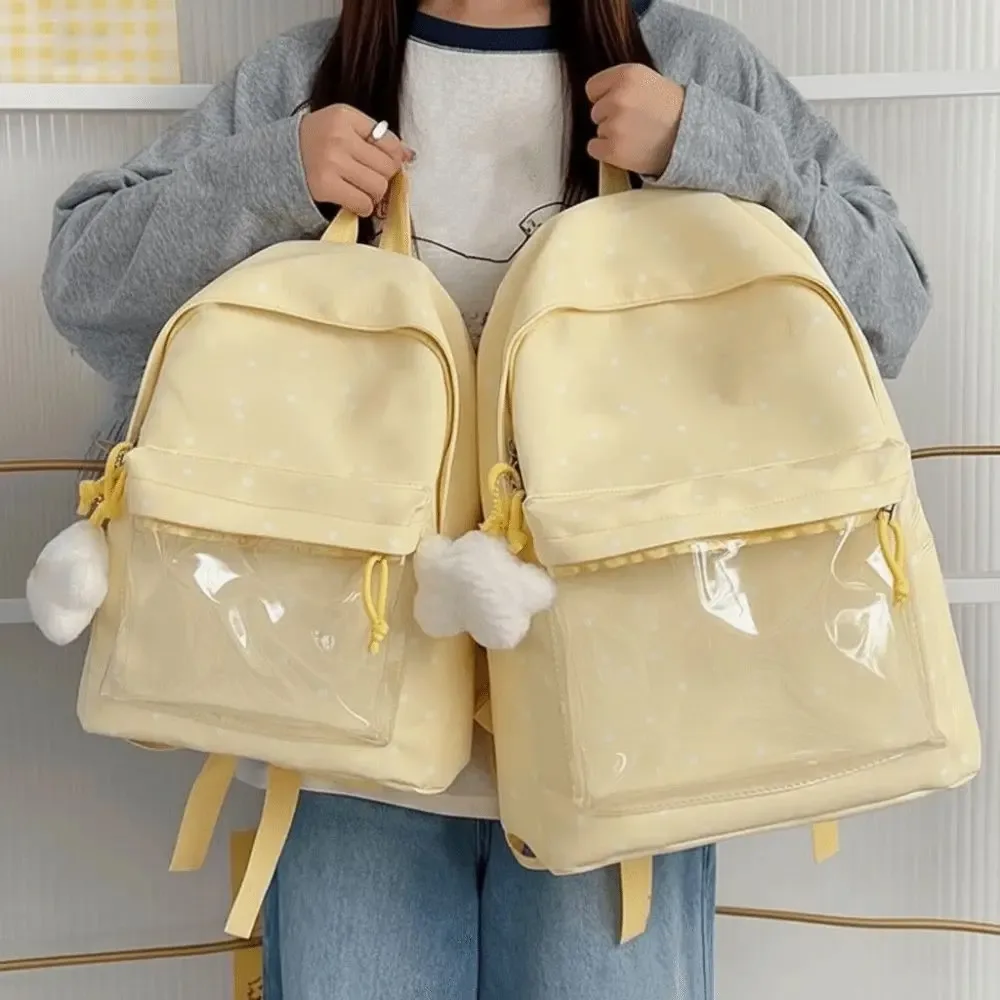 sac ita de style japonais avec fenêtre transparente, bretelles réglables, sac à dos transparent, grande capacité, doublure en polyester, sac à dos à pois.