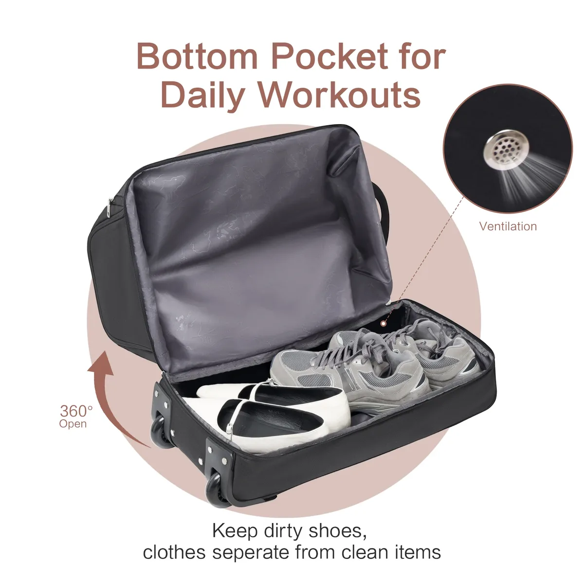 oiwas sac de voyage à roulettes pour homme 56l, sac de voyage pliable hydrofuge avec roulettes, bagage à main